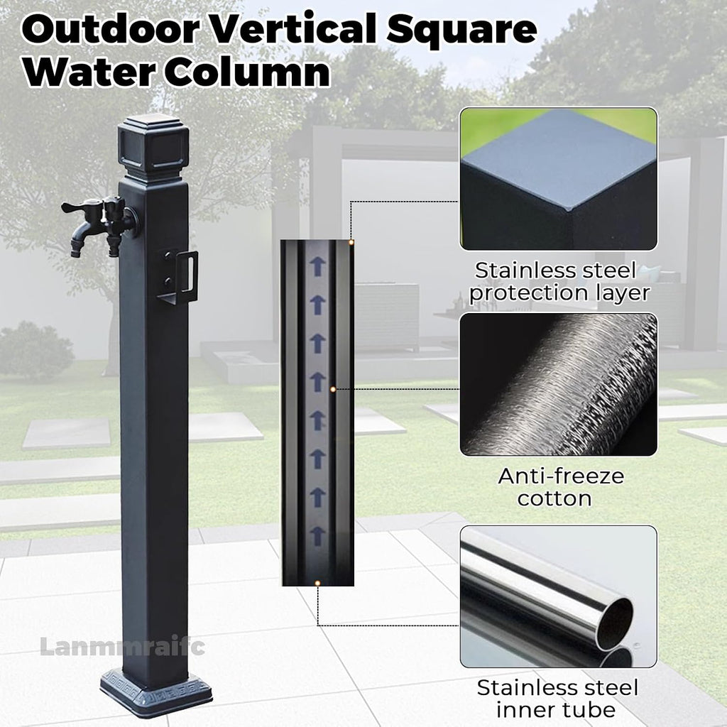 Garden Water Column Outdoor Post Faucet 304 Stainless Steel Vertical Square Water Dispenser Column with Floor Mounted Hydrant Water Tap Black