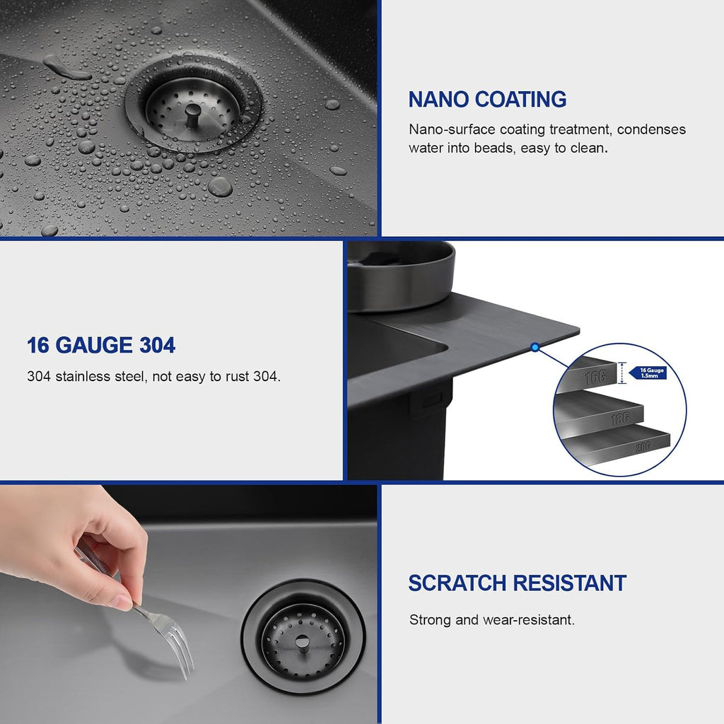 Dcolora 36 Inch Waterfall Kitchen Sink Black Drop In Smart Sink with Faucet Combo Multifuctional Topmount Large Workstation Stainless Steel, DC-SFDOE00023