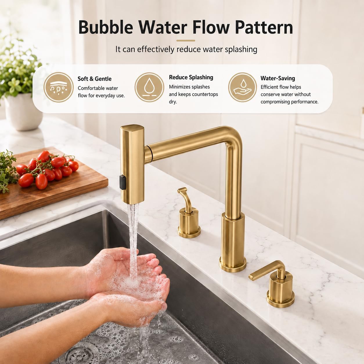 Kitchen Faucet with Pull Down Sprayer - Brushed Gold 3 Hole Kitchen Sink Faucet - 8 Inch 2 Handle Champagne Bronze 3 Piece Faucets Stainless Steel Faucet, 360° Swivel, Pull Out 3 Spray Modes
