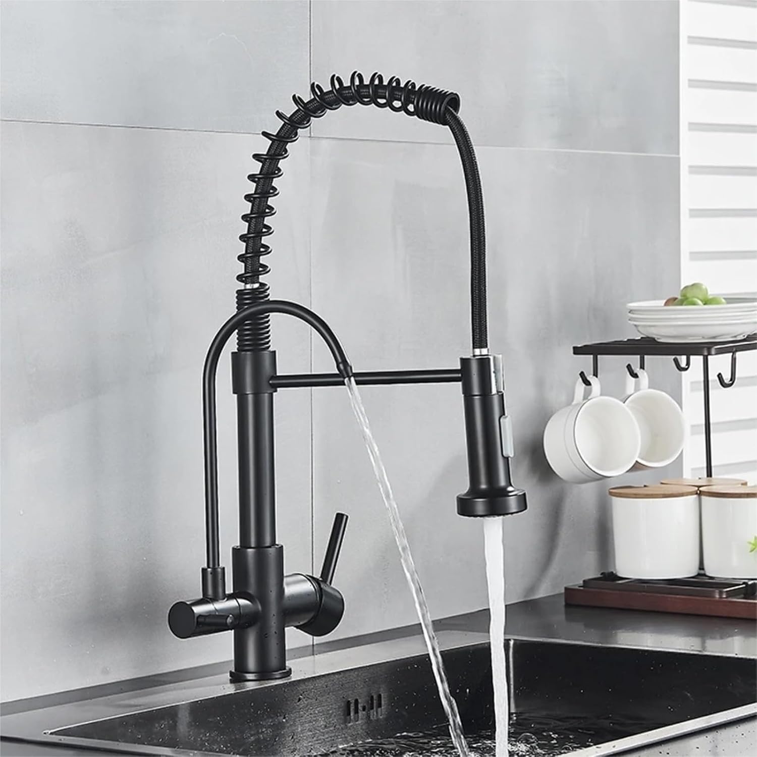 Filtered Faucet Purified Water Faucet for Kitchen Double Handles Single Hole Cold Hot Water Mixer Taps(Matte Black)