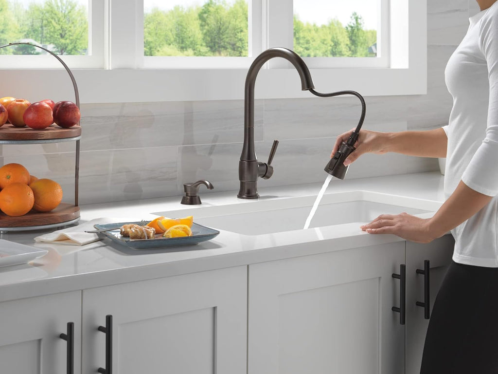 Delta Hazelwood Oil Rubbed Bronze Kitchen Faucet with Pull Down Sprayer and Soap Dispenser, Modern Single Hole Kitchen Sink Faucet, Single Handle, Venetian Bronze 19831Z-RBSD-DST