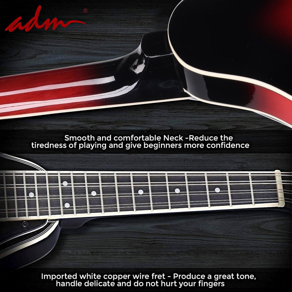 ADM Acoustic Mandolin Instrument Kit Music A Style for Kids Students Adults Wood Mandolins Beginner Set With Bag, Tuner, Pick-up, Strap, Strings, Picks and Hanger, Red