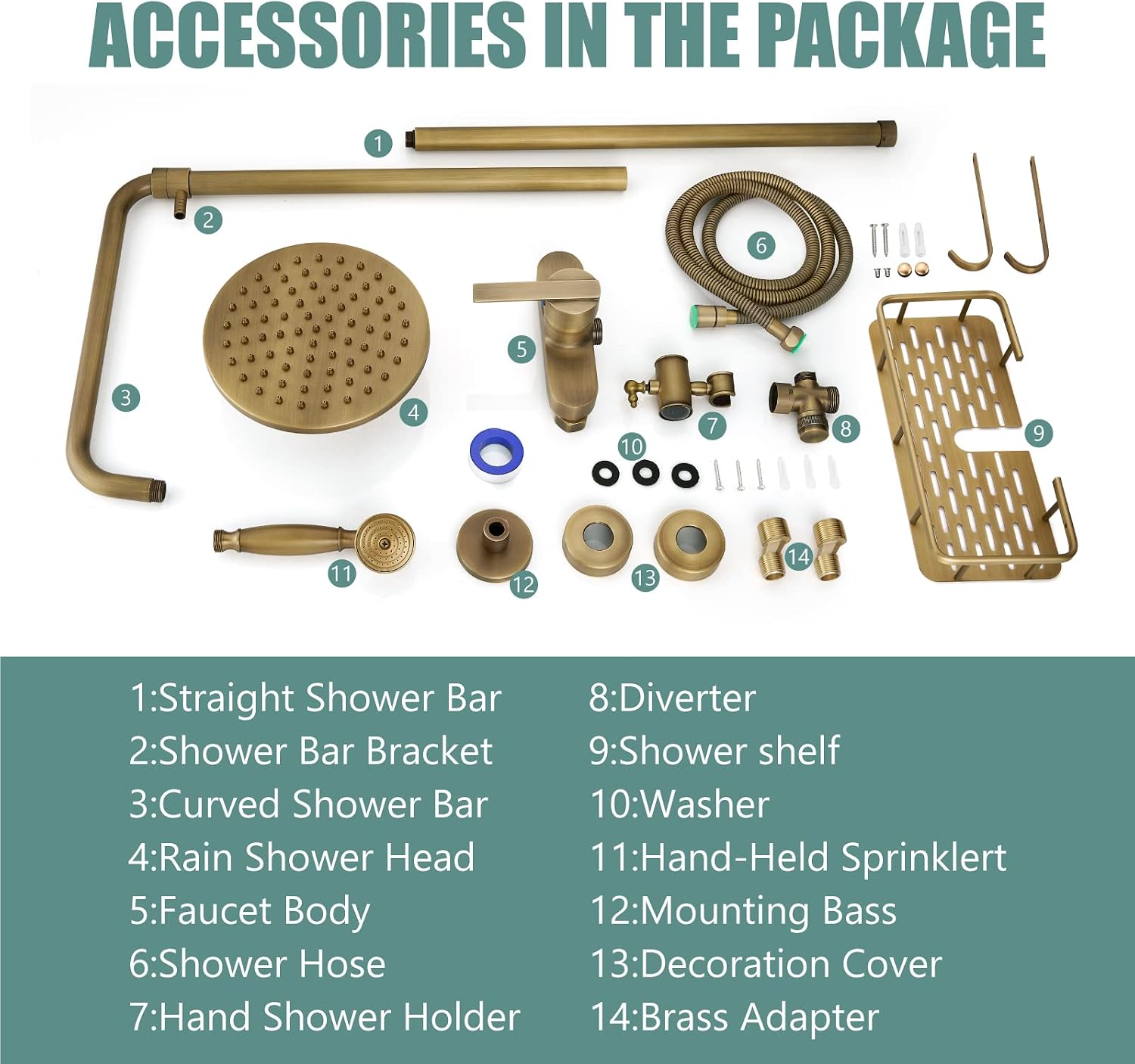 Heyalan Antique Brass Exposed Pipe Shower System 8 Inch Rainfall Shower Head Fixture Combo Set Single Handle with Handheld Sprayer Bathroom Shower Faucet Adjustable Showerhead Bar with Shower Shelf