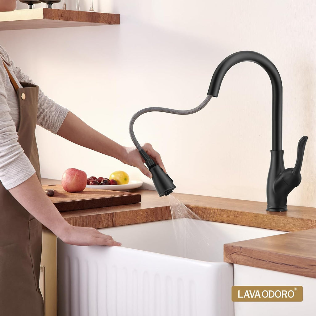 Black Kitchen Faucet with Pull Down Sprayer, Lava Odoro Matte Black Kitchen Sink Faucet with Magnetic Docking Spray 3-Function, Faucet for Kitchen Sink 1 Hole and 3 Hole with Deck Plate, KF271-MB