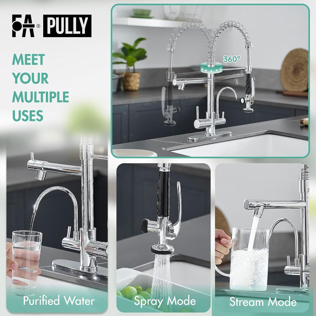 Fapully 3 in 1 Kitchen Faucet with Water Filler and Pull Down Sprayer, Chrome Commercial Kitchen Sink Faucet with Drinking Water Faucet for 1 or 3 Holes Sink