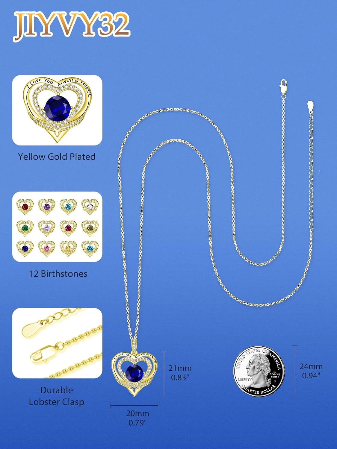 14K Gold Heart Necklaces for Women with Birthstone Pendant ，Double Hearts Necklace Jewelry Gift for Girlfriend Mom Anniversary Birthday Adjustable Chain 18' + 2' 'I Love You Always & Forever