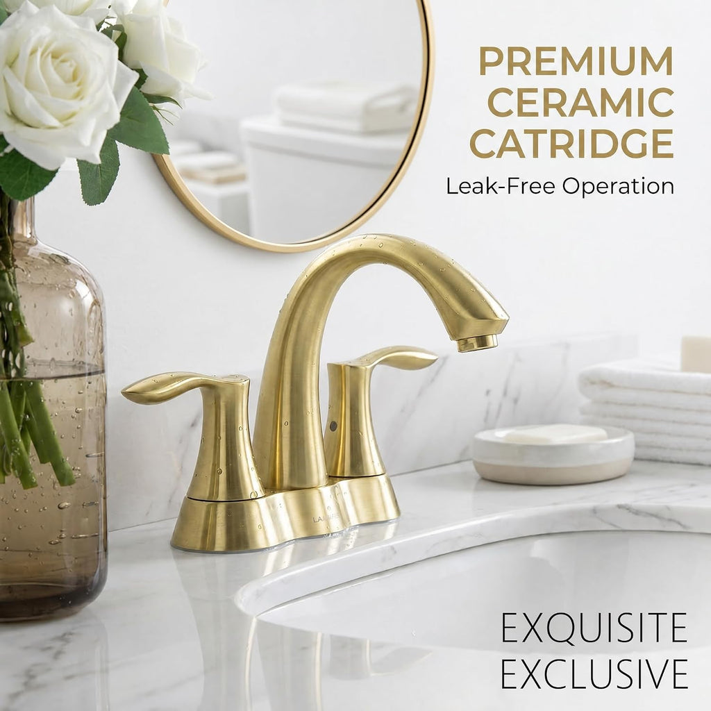 Lava Odoro Brushed Gold Bathroom Faucet 3 Hole, 2 Handle Bathroom Sink Faucet, 4 Inch Centerset Bathroom Faucet with Drain Assembly, BF423-SG