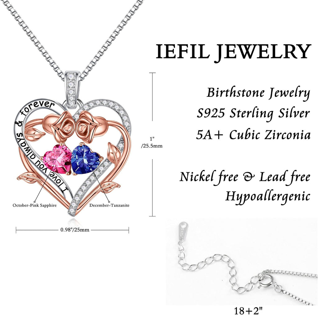 Iefil Rose Heart Double Birthstone Necklace Gifts for Wife Girlfriend Her Women, Birthstone Jewelry Gemstone Birthday Gifts for Mom Grandma Her Wife Women