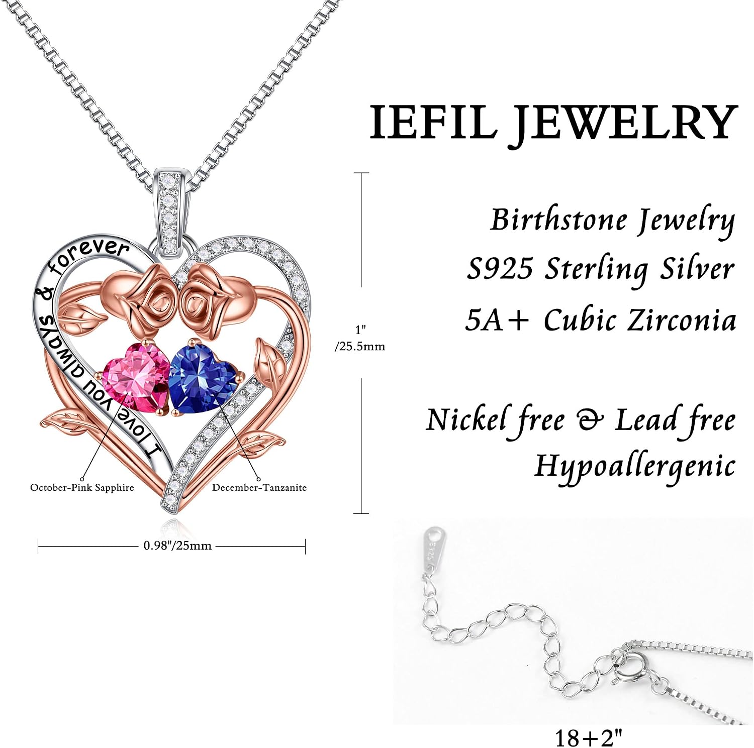 Iefil Rose Heart Double Birthstone Necklace Gifts for Wife Girlfriend Her Women, Birthstone Jewelry Gemstone Birthday Gifts for Mom Grandma Her Wife Women
