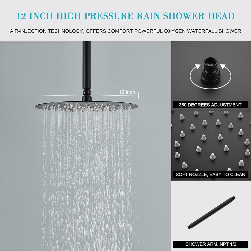 Matte Black Shower System With 12 Inches Rainfall Head and Handheld Set, High Pressure Faucet With Brass Valve for Bathroom Ceiling Mounted Fixture