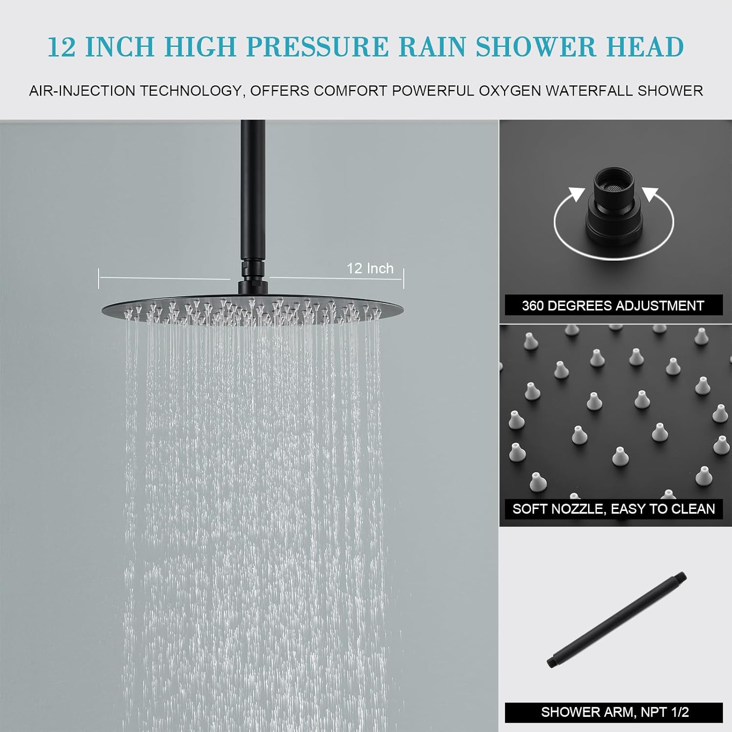 Matte Black Shower System With 12 Inches Rainfall Head and Handheld Set, High Pressure Faucet With Brass Valve for Bathroom Ceiling Mounted Fixture