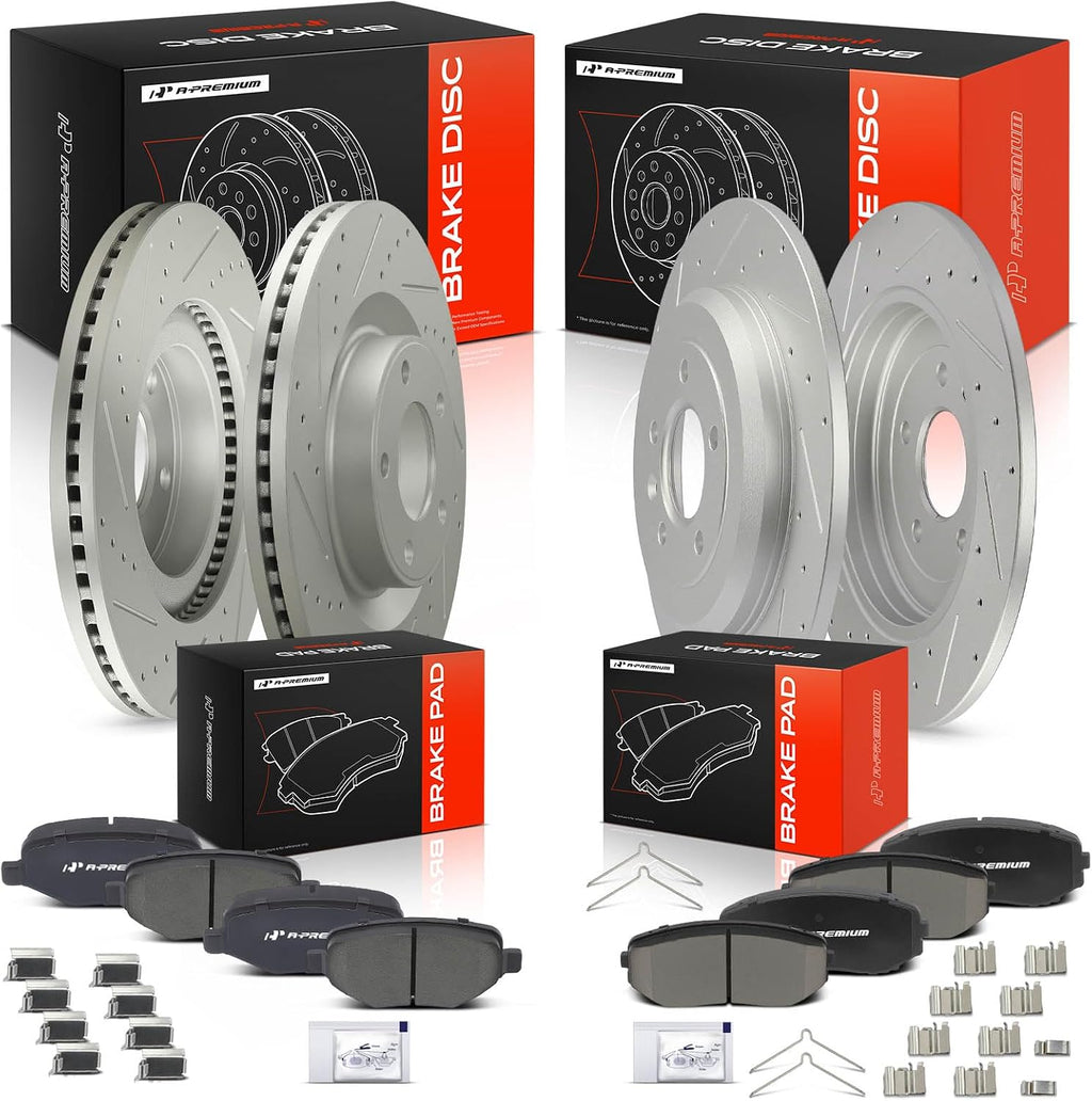 A-Premium Front and Rear Drilled and Slotted Disc Brake Rotors + Ceramic Pads Kit Compatible with Select Ford and Lincoln Models - Edge 2011-2014, MKX 2011-2015, 12-PC Set