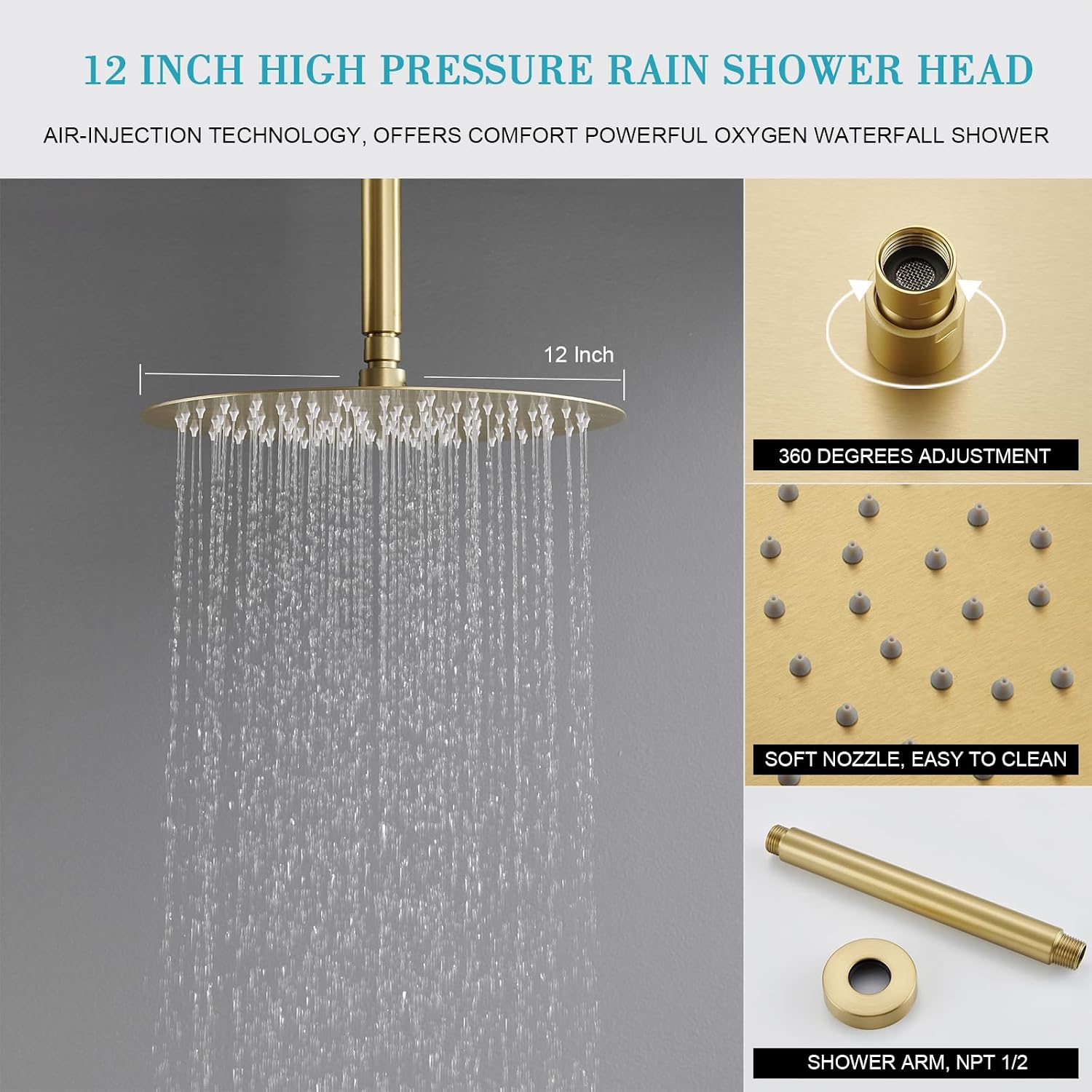 Brushed Gold Shower Faucet with Handheld Sprayer- 12 Inch Shower Head System Has Rain Shower Head and Handheld with Brass Valve- The Rainfall Shower Set for Bathroom Shower Fixtures