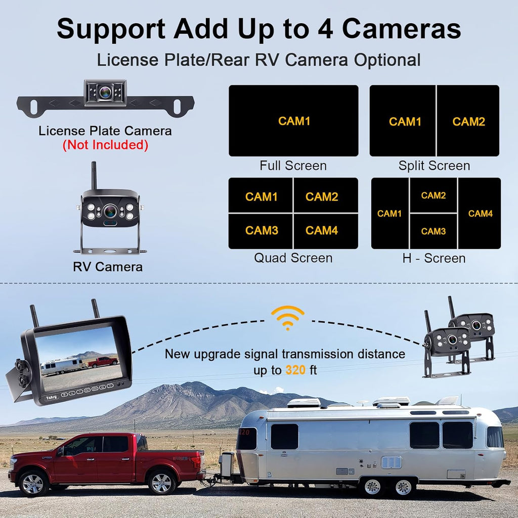RV Backup Camera Wireless Recording 2 Cameras - Plug and Play Pre-Wired for Furrion System Night Vision 4 Channels HD 1080P 7'' Touch Key Monitor Rear View Camera for Trailer/Trucks/Camper Yakry Y28