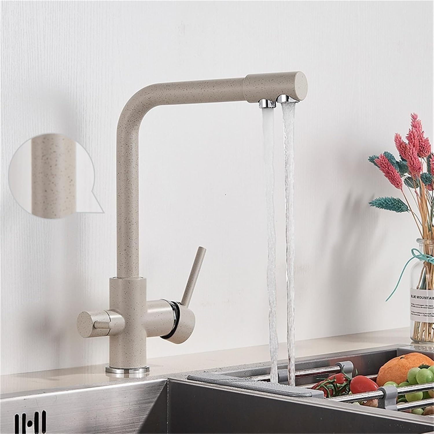 360° Rotating Deck-Mounted Filtered Pure Water Kitchen Faucet with Hot and Cold Water Mixer Tap(Beige with Dot)