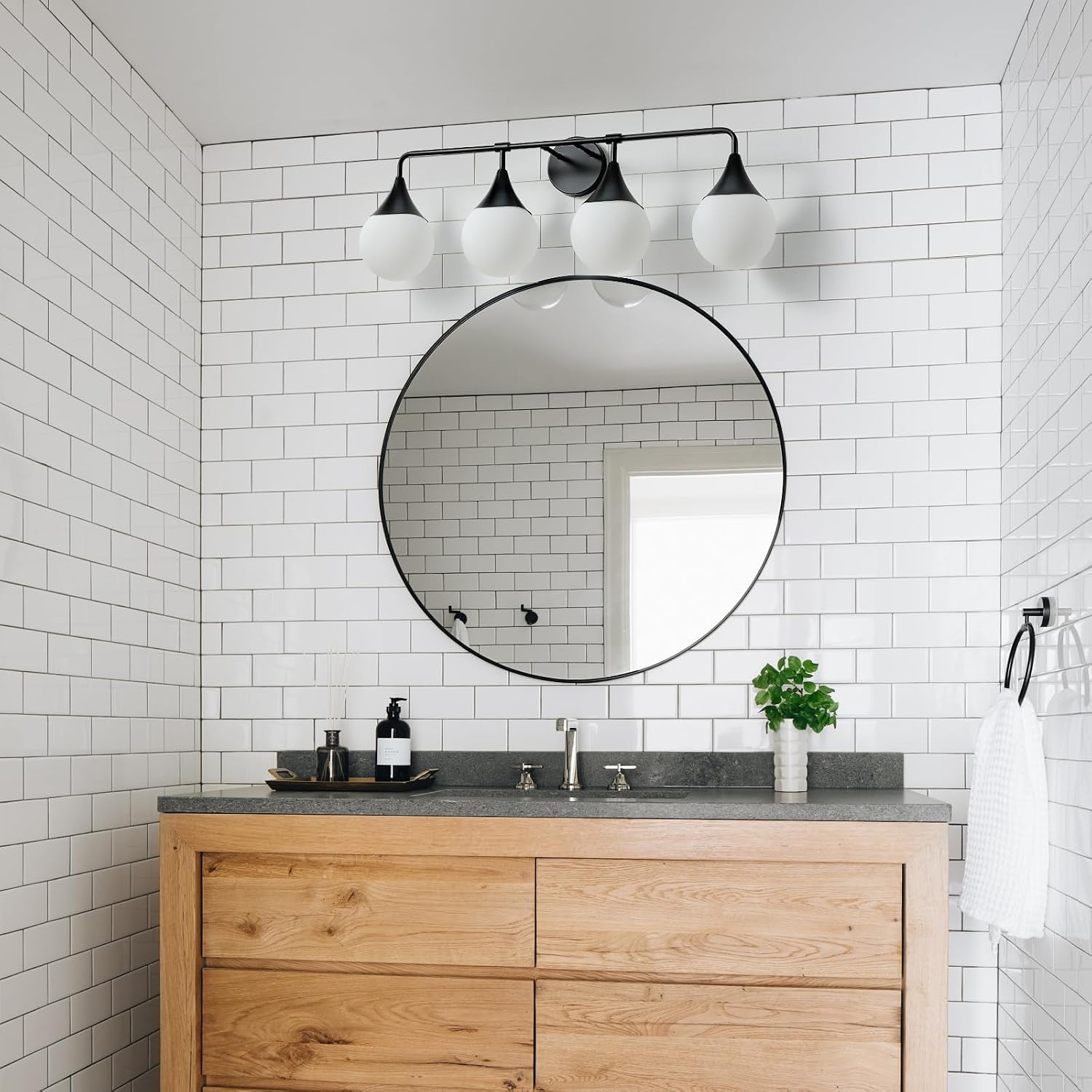 Bathroom Vanity Light Fixtures: 4-Light Mid Century Modern Bathroom Lighting Fixtures Over Mirrors - Matte Black Wall Sconce with Milky Glass Ball Shade for Bath Bedroom