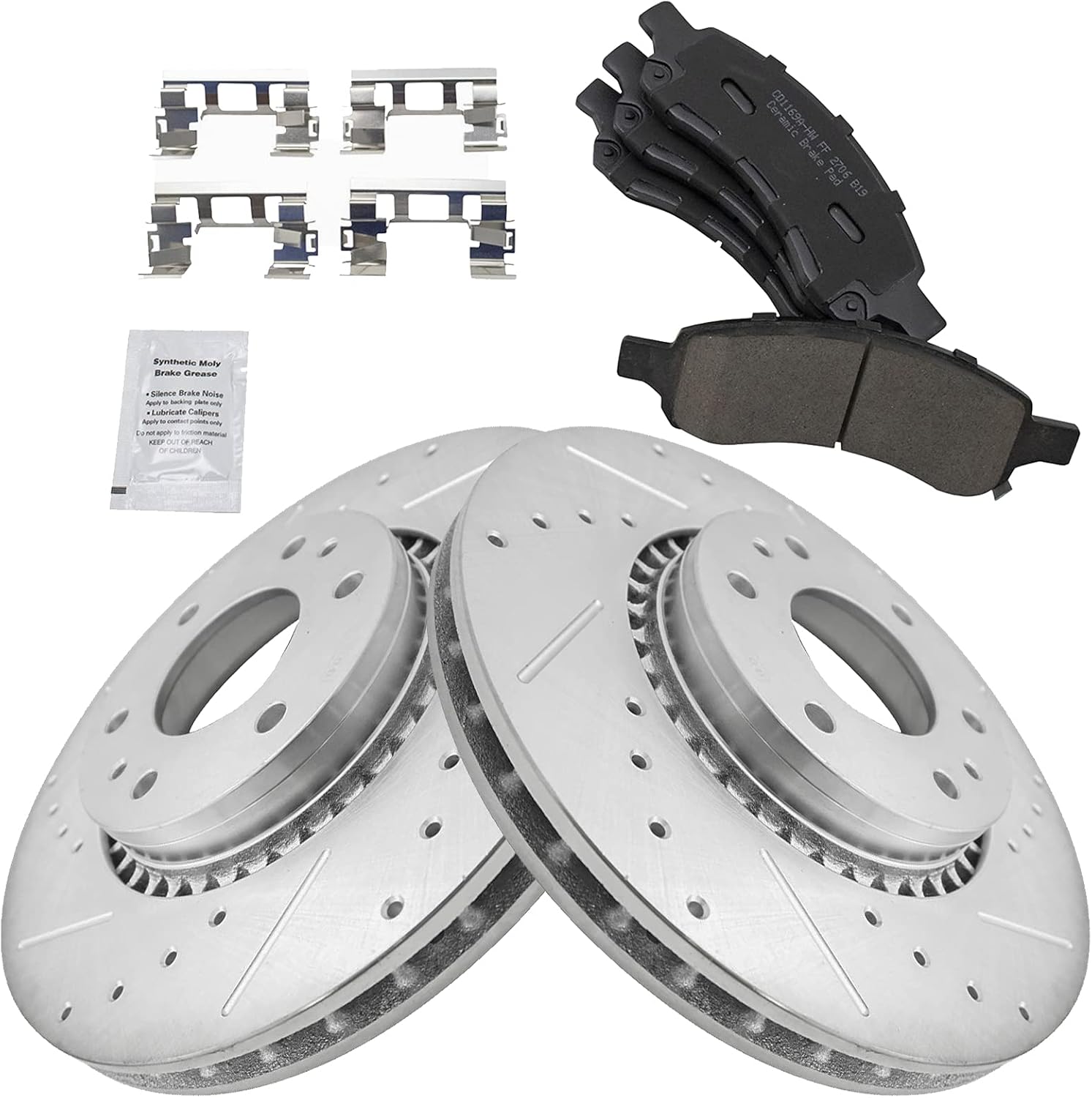 TRQ Performance Front Brake Pad & Rotor Set Ceramic G Coated Drilled Slotted Rotors Compatible with 06-07 Buick Rainier 2006 Chevrolet SSR 06-08 Chevrolet Trailblazer EXT 06-09 GMC Envoy XL Saab 9-7x
