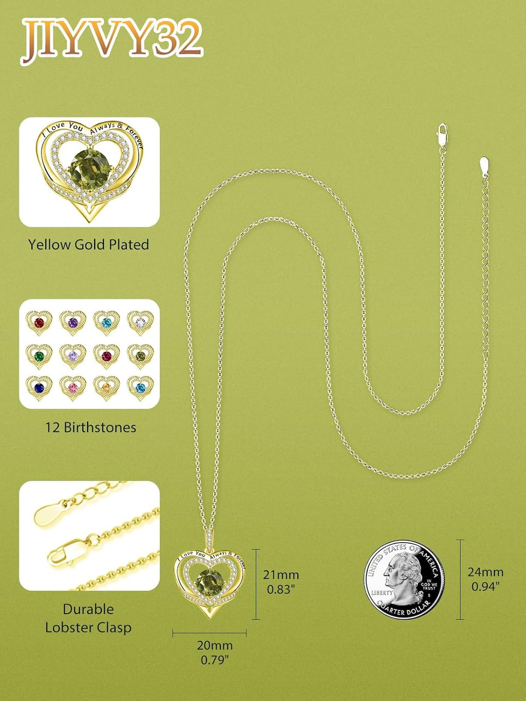 14K Gold Heart Necklaces for Women with Birthstone Pendant ，Double Hearts Necklace Jewelry Gift for Girlfriend Mom Anniversary Birthday Adjustable Chain 18' + 2' 'I Love You Always & Forever