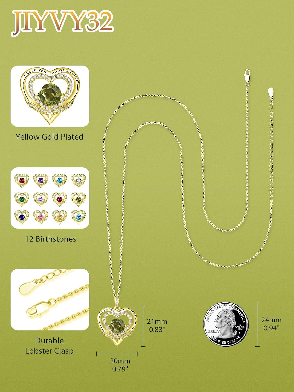 14K Gold Heart Necklaces for Women with Birthstone Pendant ，Double Hearts Necklace Jewelry Gift for Girlfriend Mom Anniversary Birthday Adjustable Chain 18' + 2' 'I Love You Always & Forever