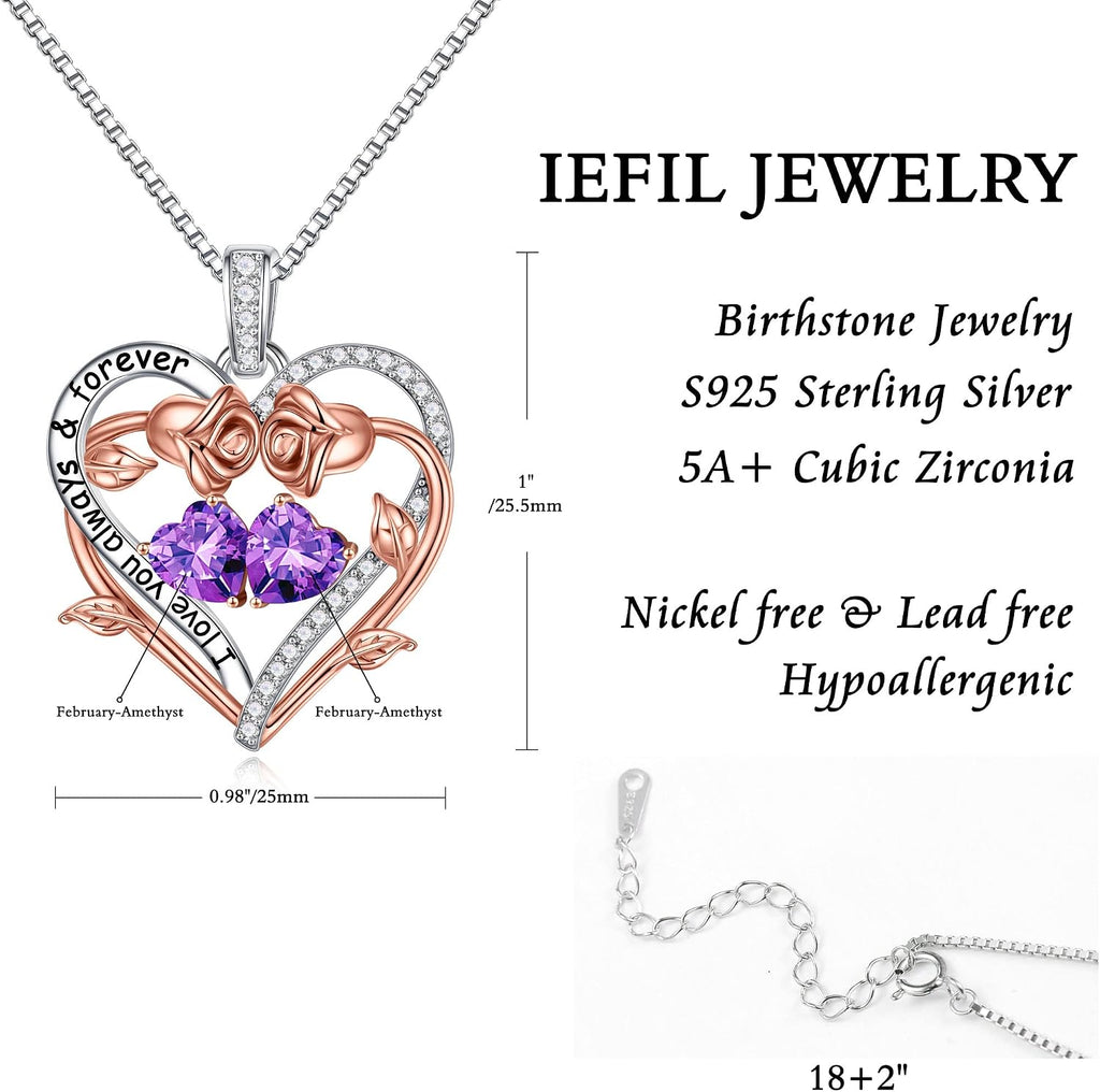 Iefil Rose Heart Double Birthstone Necklace Gifts for Wife Girlfriend Her Women, Birthstone Jewelry Gemstone Birthday Gifts for Mom Grandma Her Wife Women