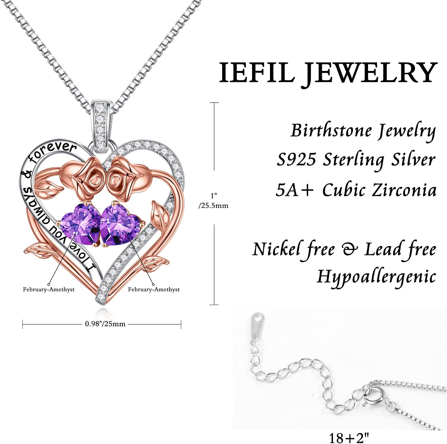 Iefil Rose Heart Double Birthstone Necklace Gifts for Wife Girlfriend Her Women, Birthstone Jewelry Gemstone Birthday Gifts for Mom Grandma Her Wife Women