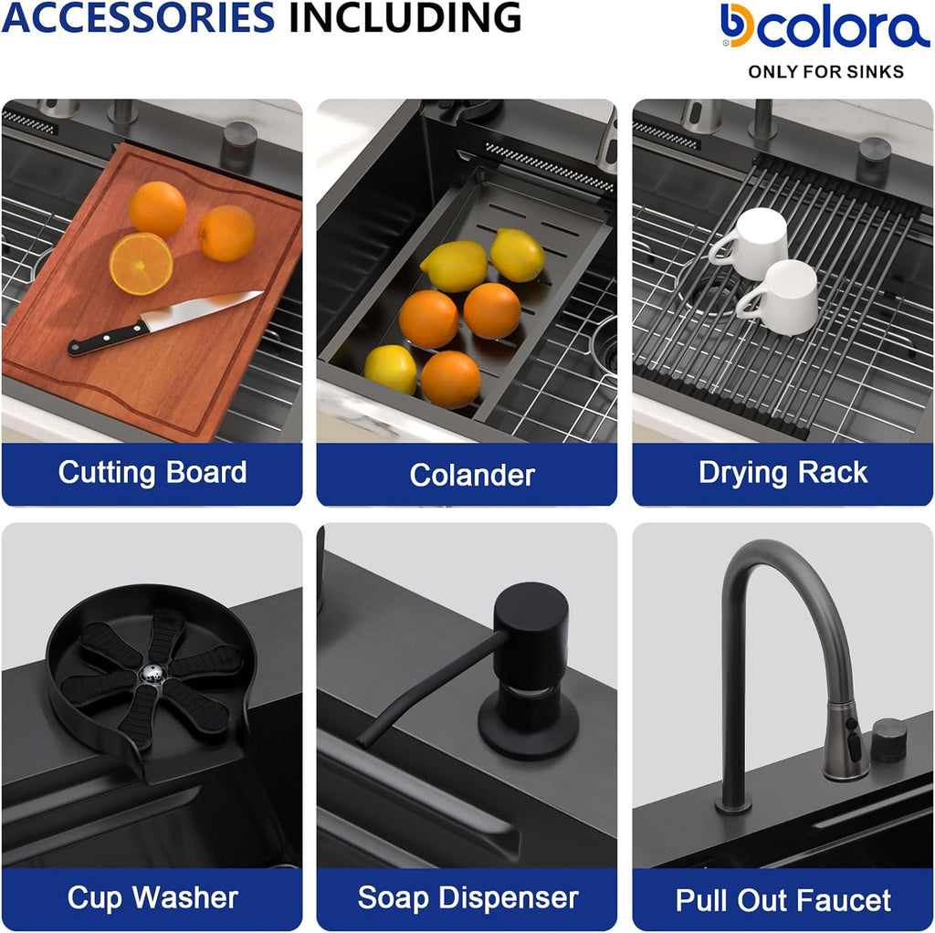 Dcolora 36 Inch Waterfall Kitchen Sink Black Drop In Smart Sink with Faucet Combo Multifuctional Topmount Large Workstation Stainless Steel, DC-SFDOE00023