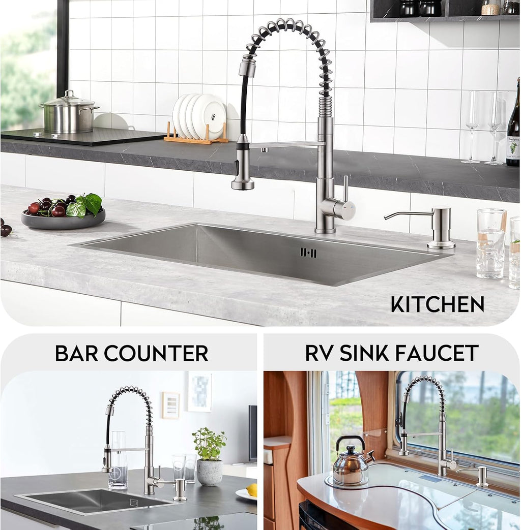CREA 3-Way Kitchen Faucet, Brushed Chrome, Pull-Out, 20-Inch Flexible Hose, Single Lever Control, 5-Layer Stainless Steel Body, Advanced Ceramic Valve Core, 3/4-Inch Spout