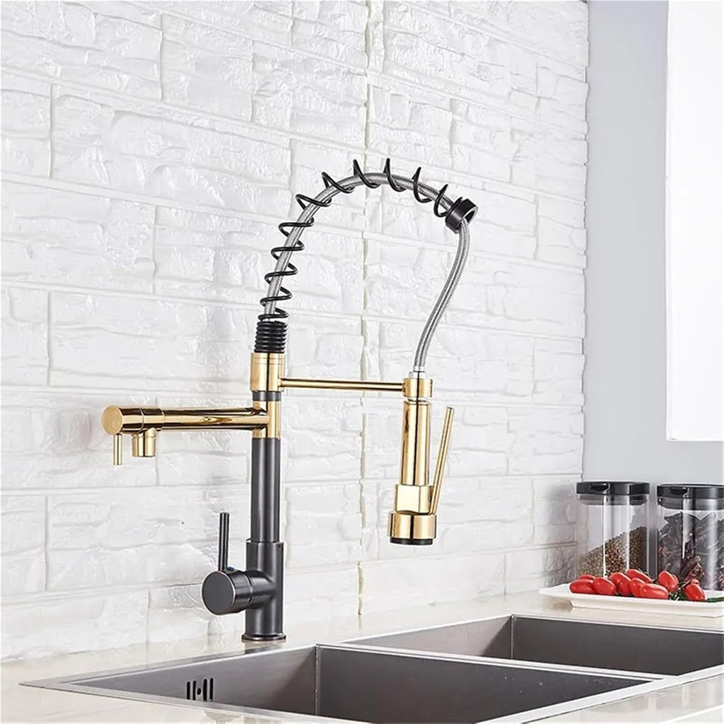 Kitchen Spring Faucet Pull Down Pull Out Dual Spouts 360 Rotation Cold and Hot Water Single Handle Mixer Tap(Golgden Short)