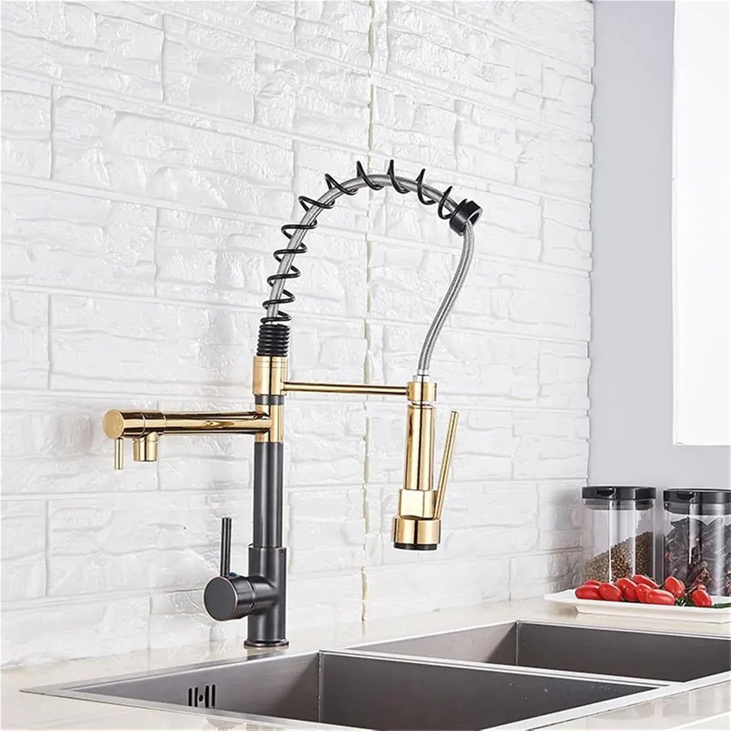 Kitchen Spring Faucet Pull Down Pull Out Dual Spouts 360 Rotation Cold and Hot Water Single Handle Mixer Tap(Golgden Short)