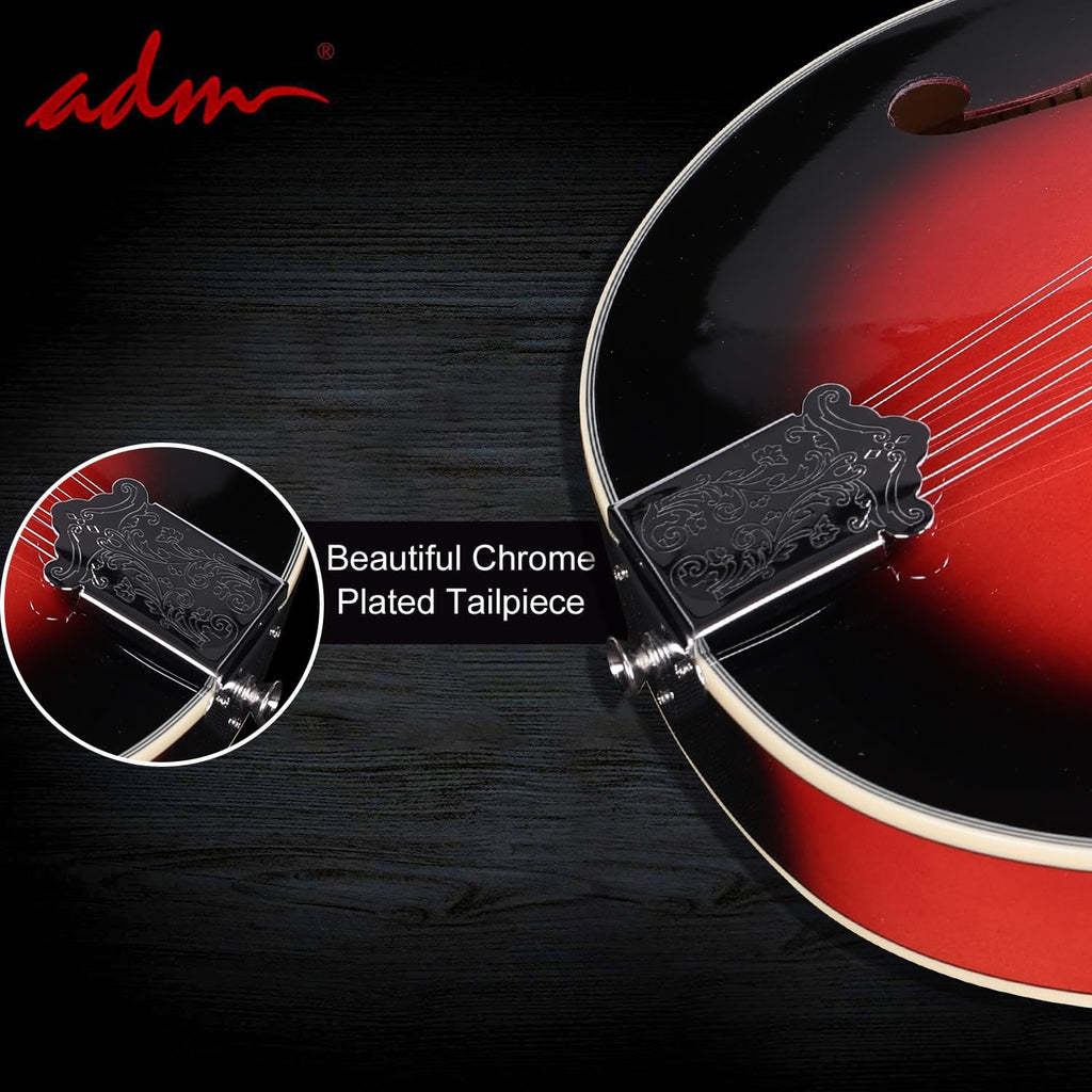 ADM Acoustic Mandolin Instrument Kit Music A Style for Kids Students Adults Wood Mandolins Beginner Set With Bag, Tuner, Pick-up, Strap, Strings, Picks and Hanger, Red