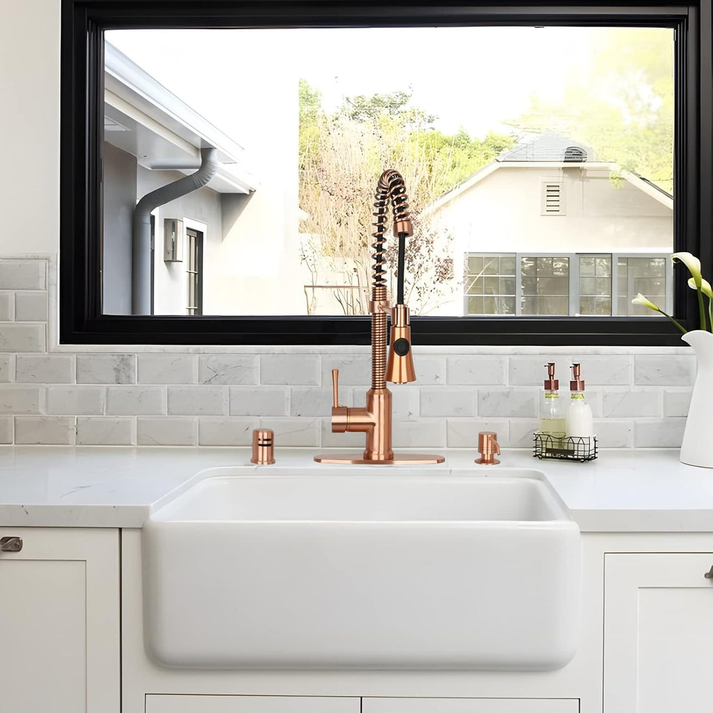 Akicon Copper Kitchen Faucet with Soap Dispenser, Single Handle Solid Brass High Arc Pull Down Sprayer Head Kitchen Sink Faucets with Deck Plate