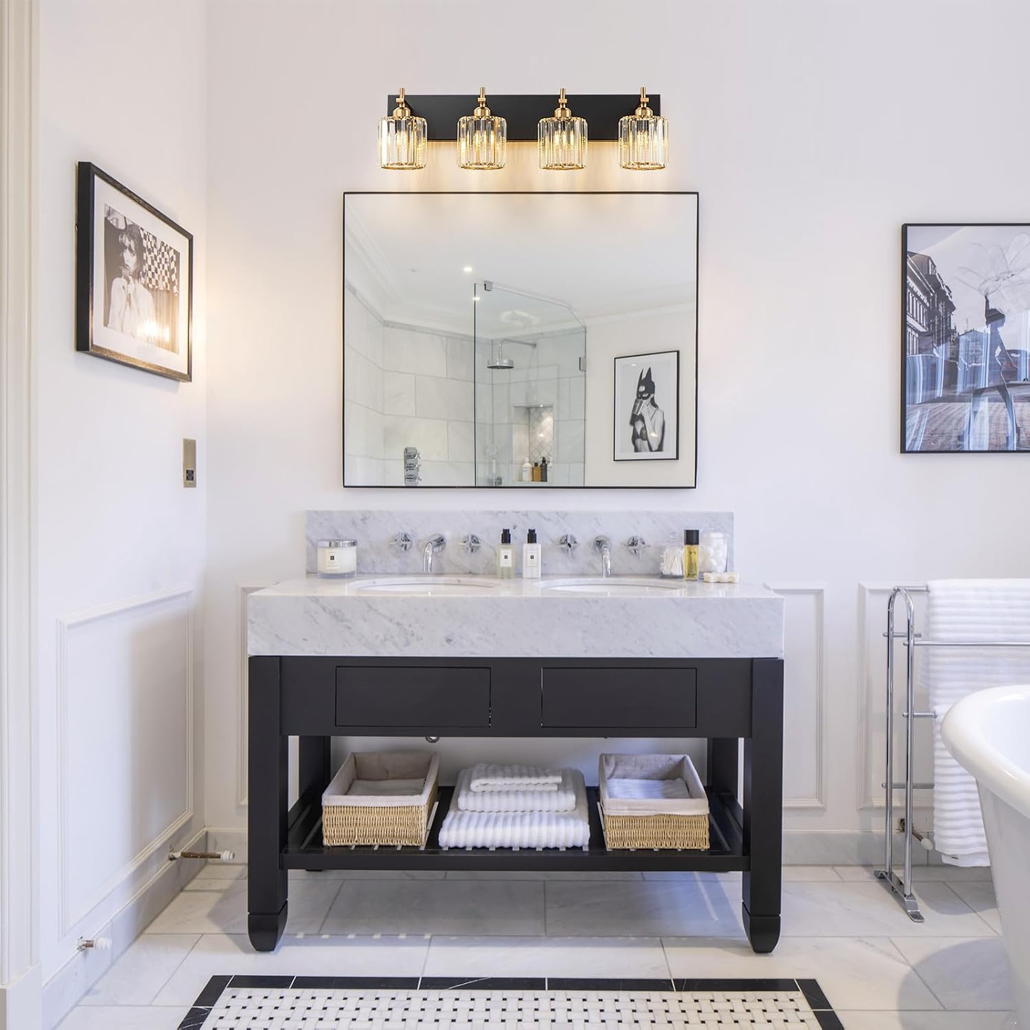 Black Gold Crystal Bathroom Vanity Light, Modern 4-Lights Bathroom Light Fixtures Over Mirror, Crystal Wall Lighting with Polished Gold Finish