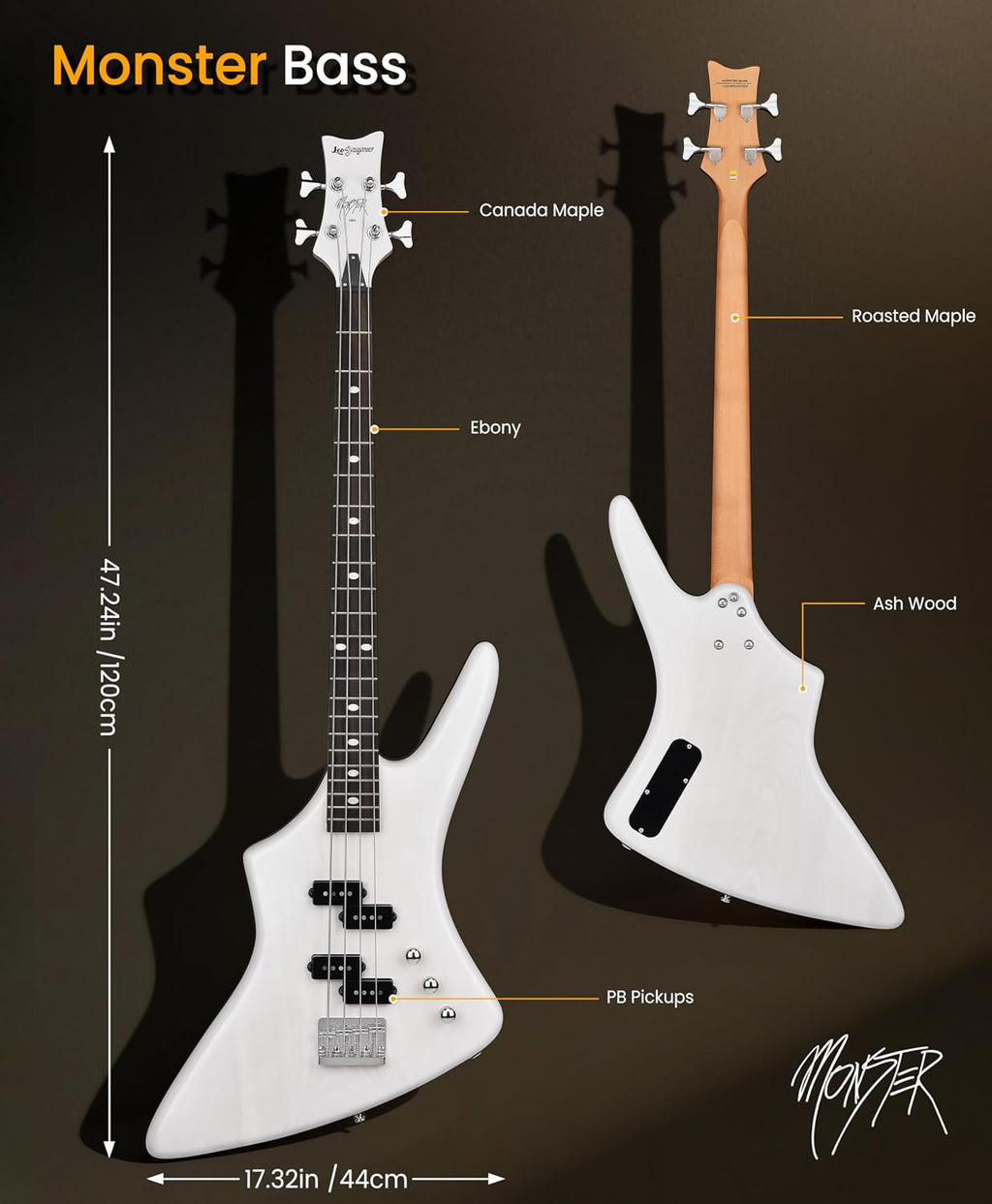 Leo Jaymz Monster 4-String Bass Guitar - Dual PB-Style Pickups, Solid Ash Body, Ebony Fingerboard, Transparent White Gloss