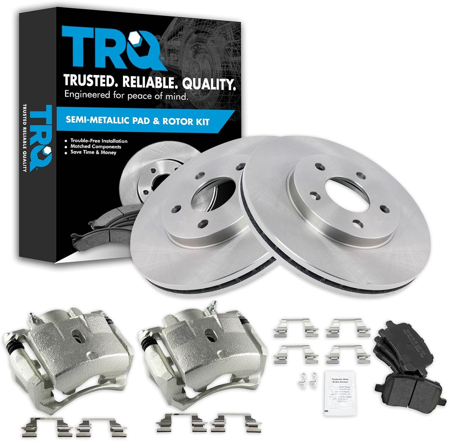 TRQ Front Brake Pad and Rotor Set Semi Metallic Vented Rotors Calipers Compatible with 2007-2008 Chevrolet Malibu 2007 Pontiac G6