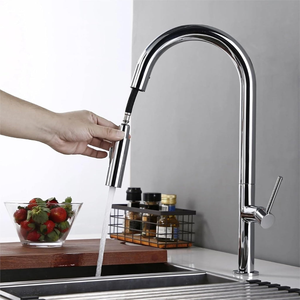 Brass Brushed Gold Black 360 Oegree Rotation Kitchen Hot and Cold Water Sink Taps Pull Out Spout Kitchen Faucet(Chrome)