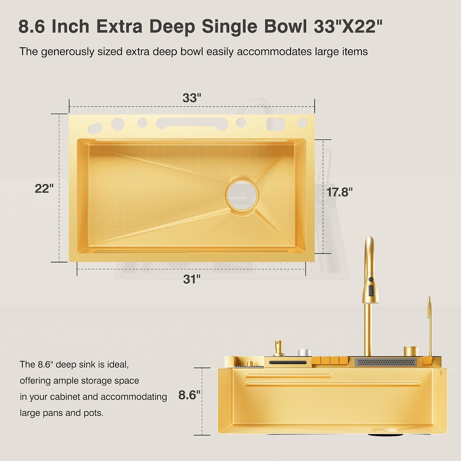 Digital Display Embossed Stainless Steel Nano Gold Waterfall Large Single Groove Kithchen Sink with Pressurized Cup Washer (33 X 22 Inch)