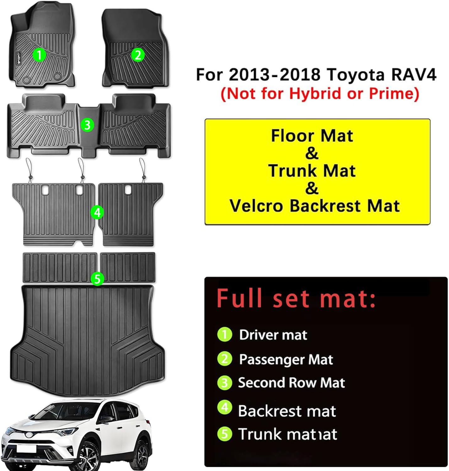 All Weather Floor Mats Set for Toyota RAV4 2018 2017 2016 2015 2014 2013 TPE Rubber Liners RAV4 Odorless Anti-Slip Car Floor Liners - 1st & 2nd Cargo Mat Covering The Backrest Full Set