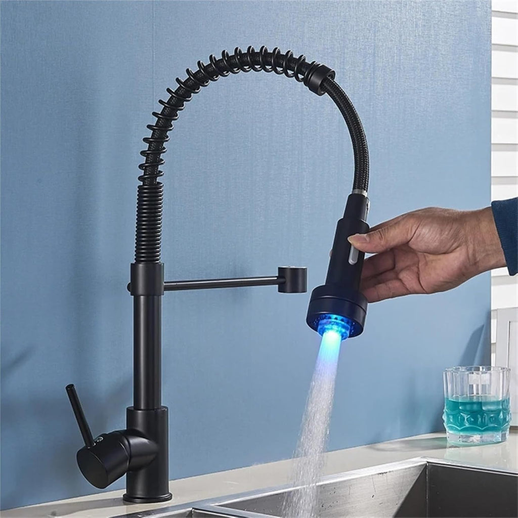 LED Kitchen Faucet Pull Down 360 Degree Rotation Hot and Cold Water Mixer Sink Deck Mounted Spring Tap(Matte Black)