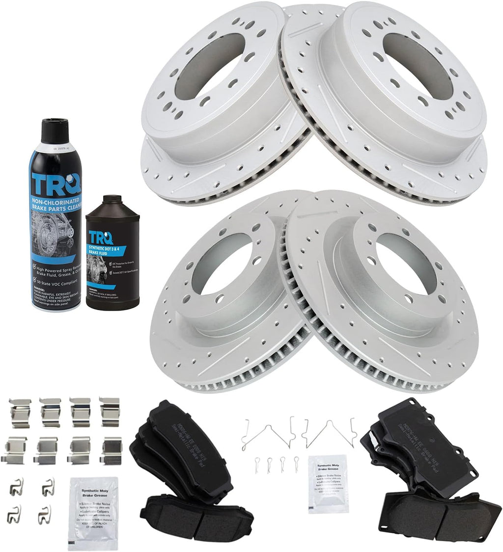 TRQ Front and Rear Performance Brake Pad & Rotor Kit, with Chemical Kit Semi-Metallic Premium G-Coated Compatible with 2010-2022 Lexus GX460 Toyota 4Runner