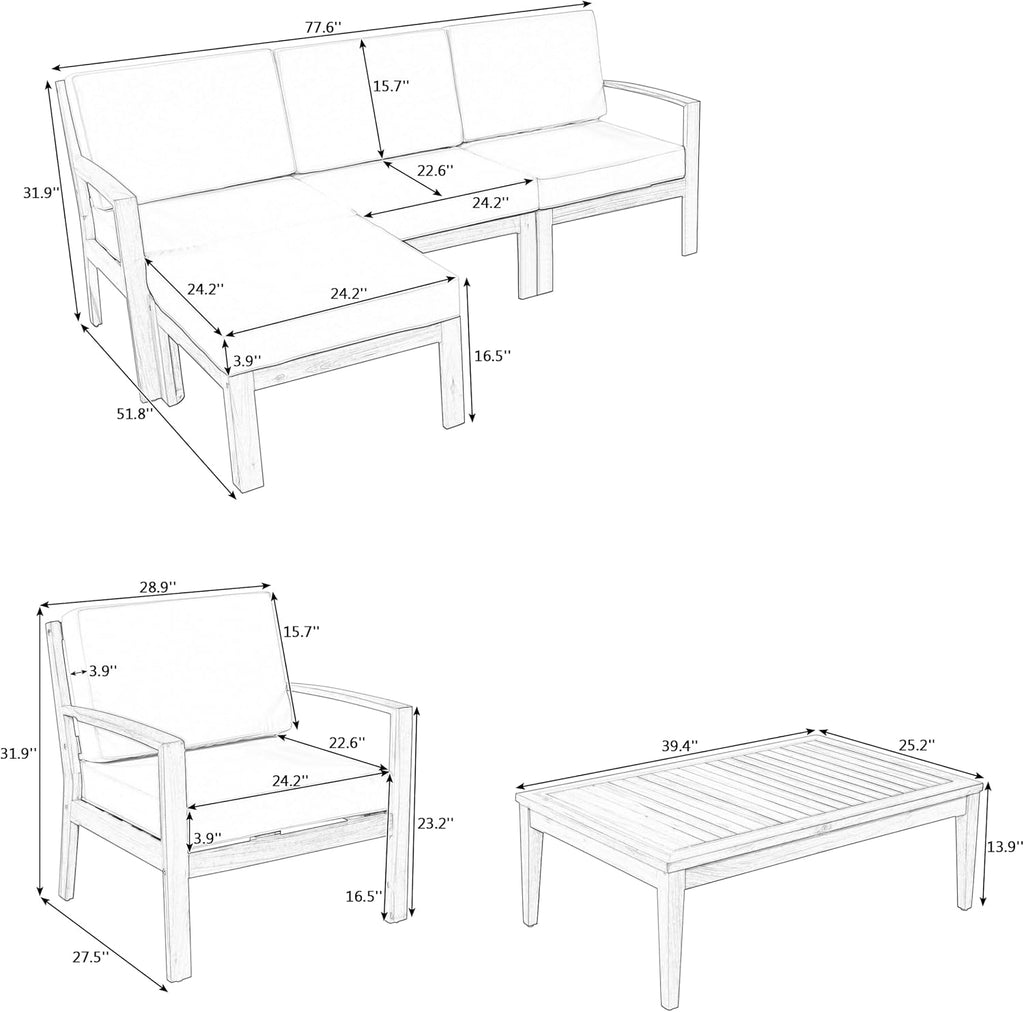 6-Piece Outdoor Patio Conversation Furniture Set, Acacia Wood Sectional Sofa Set with Coffee Table and Removable Cushion for Garden Backyard and Poolside (Beige-CC)