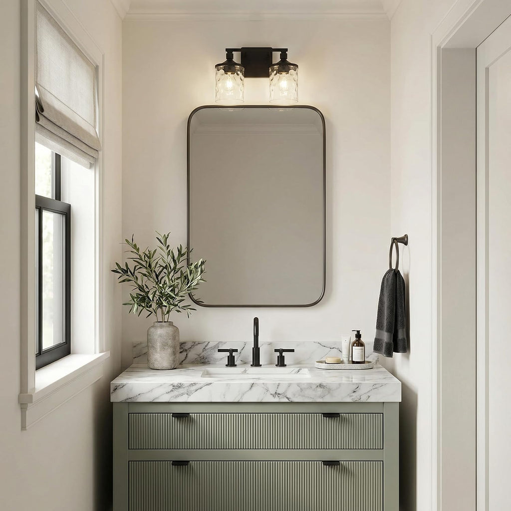 HomePlace Lighting 128821MB-451 Colton Mid-Century Clear Water Glass Bathroom Vanity Wall Light, 2-Light 200 Total Watts, 10' H x 13' W, Matte Black