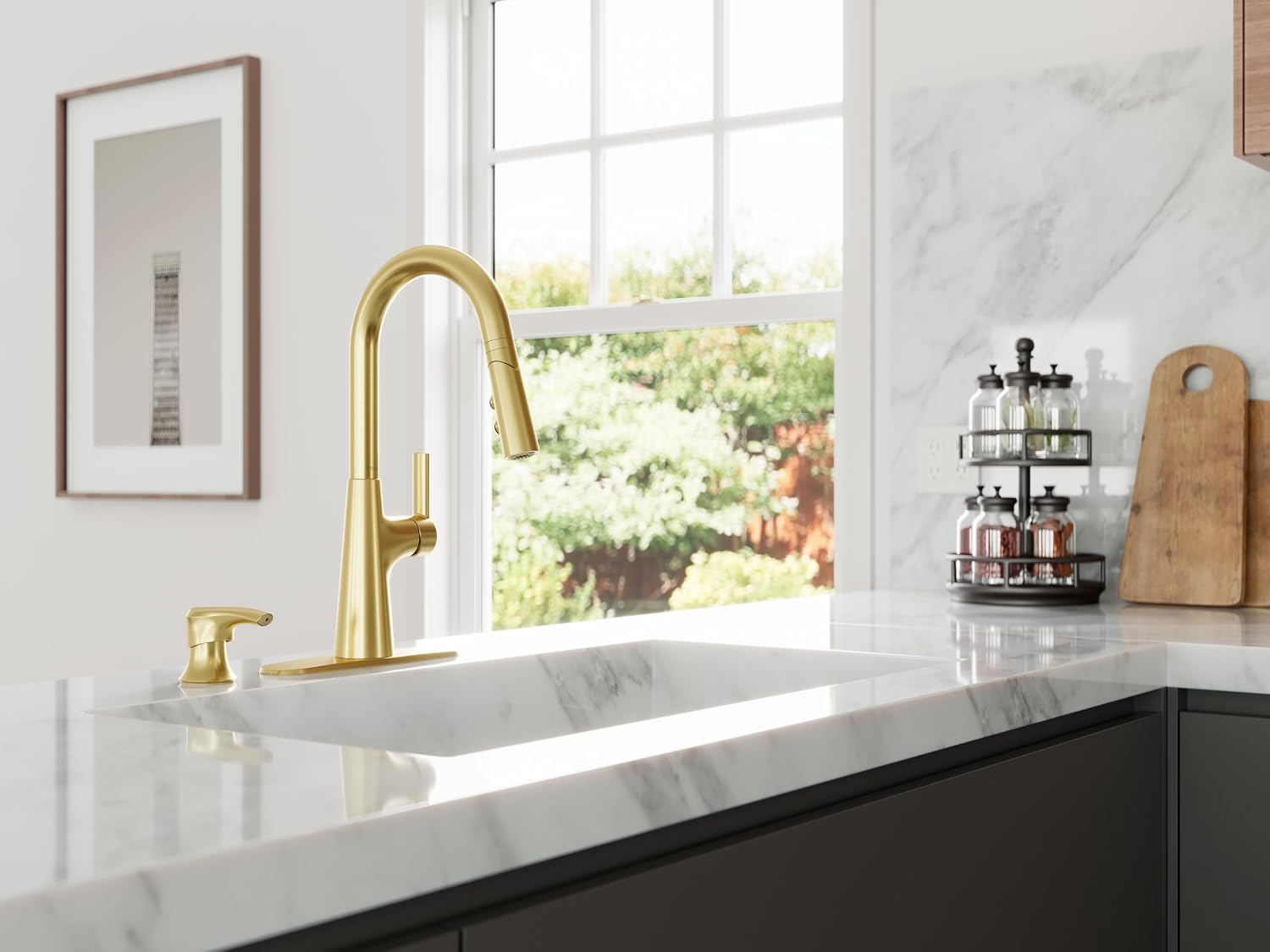 Pfister Tasso Kitchen Faucet with Pull Down Sprayer and Soap Dispenser, Single Handle, High Arc, NSF Certified, Brushed Gold Finish, F5297TSOBG