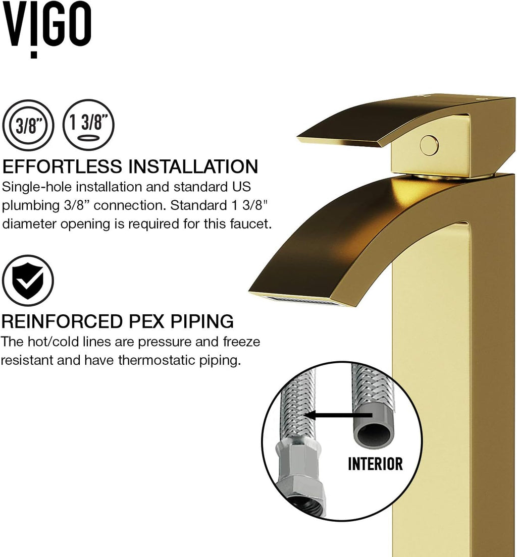 VIGO Duris Waterfall Single-Handle Single-Hole Mount Vessel Bathroom Sink Faucet, 12-Inch, Matte Brushed Gold, Modern Design, Solid Brass, 1.2 GPM WaterSense & Ceramic Disc Valve, Corrosion-Resistant