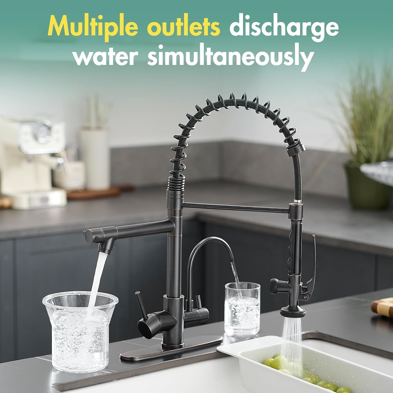 Fapully 3 in 1 Kitchen Faucet with Water Filler and Pull Down Sprayer, Oil Rubbed Bronze Commercial Kitchen Sink Faucet with Drinking Water Faucet for 1 or 3 Hole