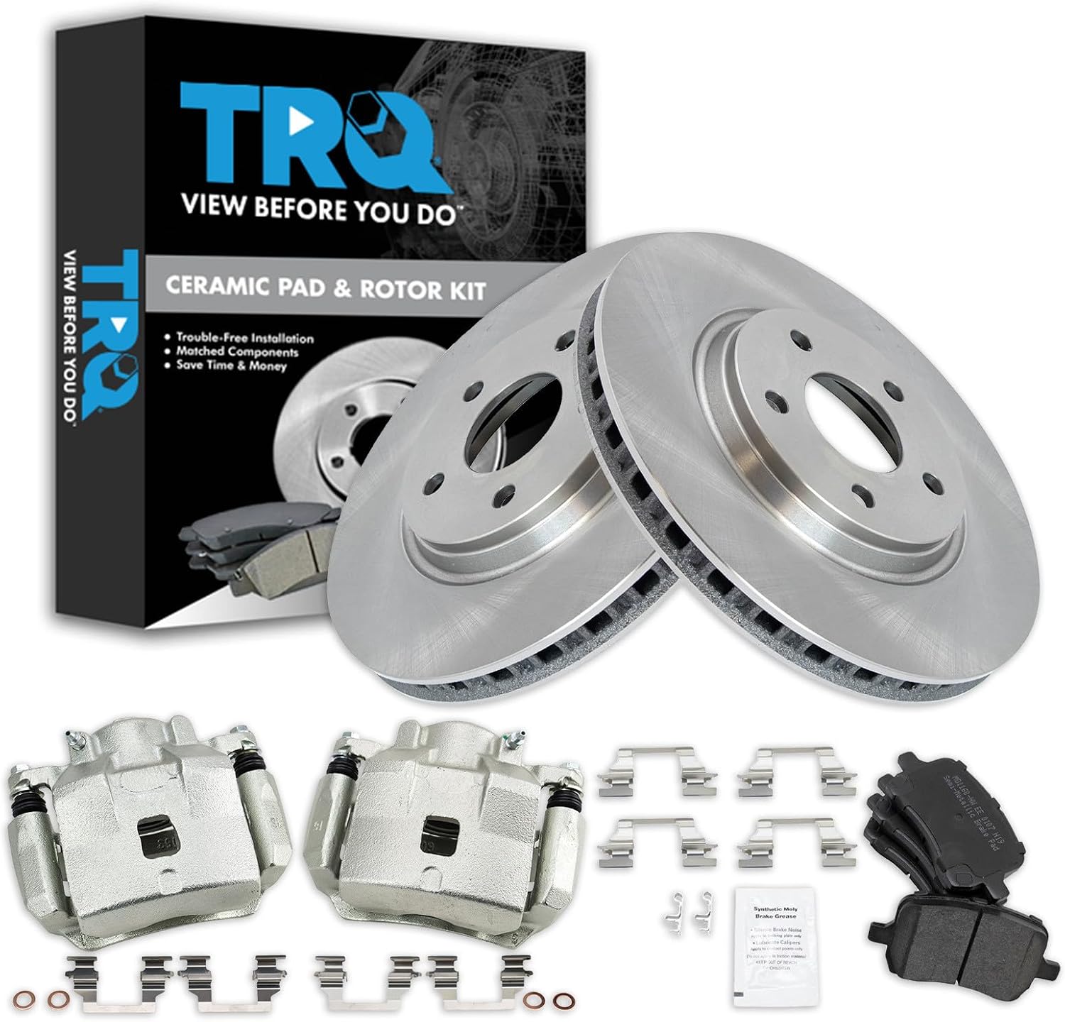 TRQ Front Brake Pad and Rotor Set Semi Metallic Vented Rotors Calipers Compatible with 2005-2007 Chevrolet Cobalt 2008-2010 HHR 2007-2008 Pontiac G5 2005 Saturn Ion