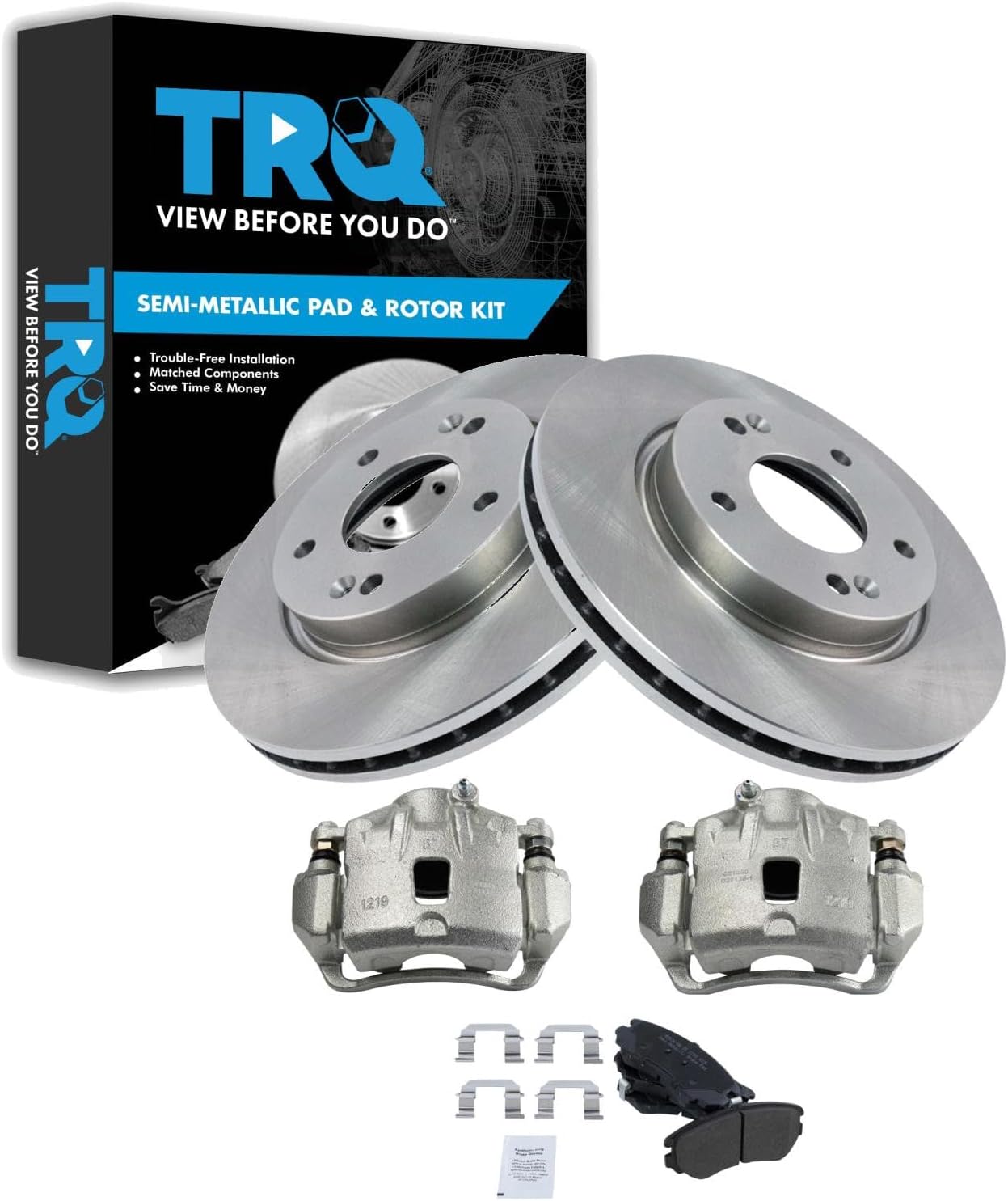 TRQ Front Brake Pad and Rotor Set Semi Metallic Rotors Calipers Compatible with 2007-2010 Hyundai Elantra