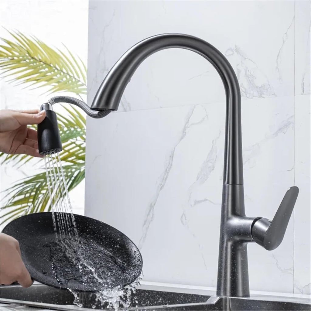 Kitchen Faucet Pull Out Tap Household Sink Washbasin Cold and Hot Water Mixer(Gray)