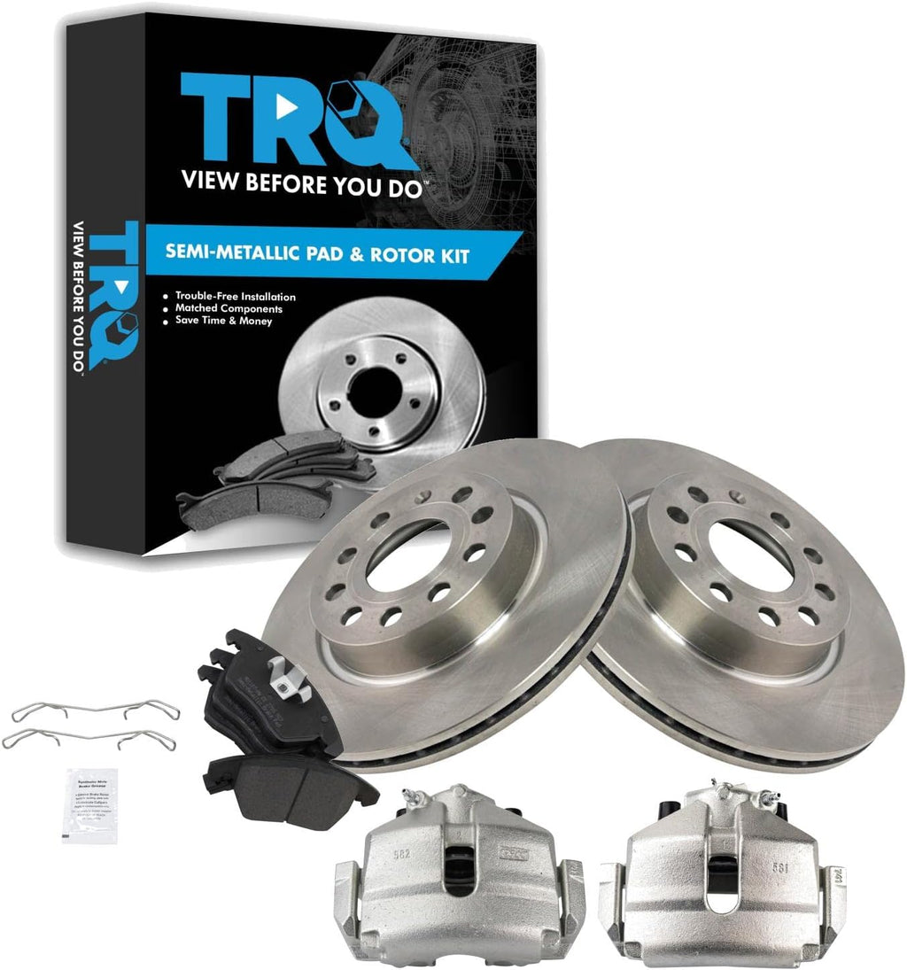 TRQ Front Brake Pad and Rotor Set Semi Metallic Rotors Calipers Hardware Compatible with 2013 Volkswagen GTI 2011 Jetta