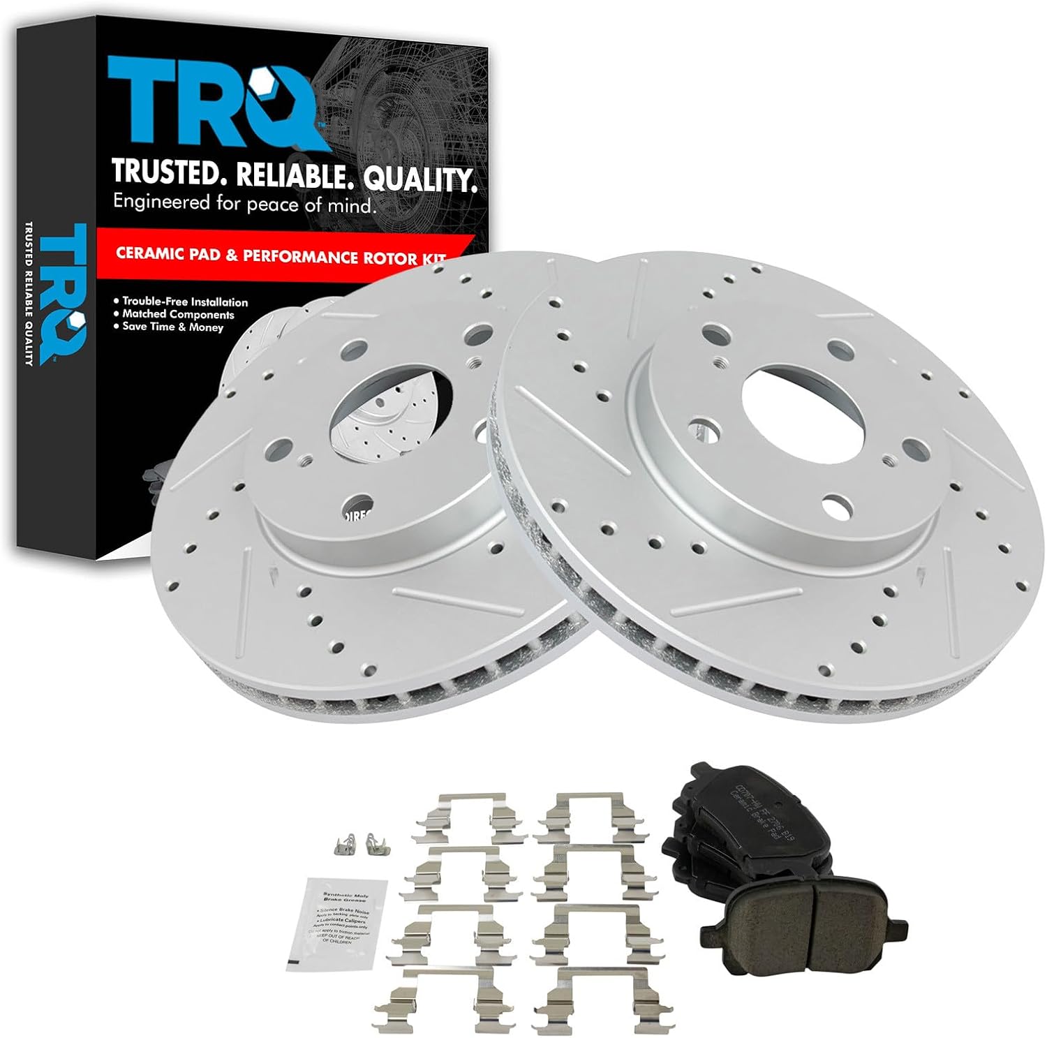 TRQ Performance Front Brake Pad and Rotor Set Ceramic G Coated Drilled Slotted Vented Rotors Compatible with 1997-2001 Lexus ES300 Toyota Camry 1998-2004 Avalon 1999-2003 Solara