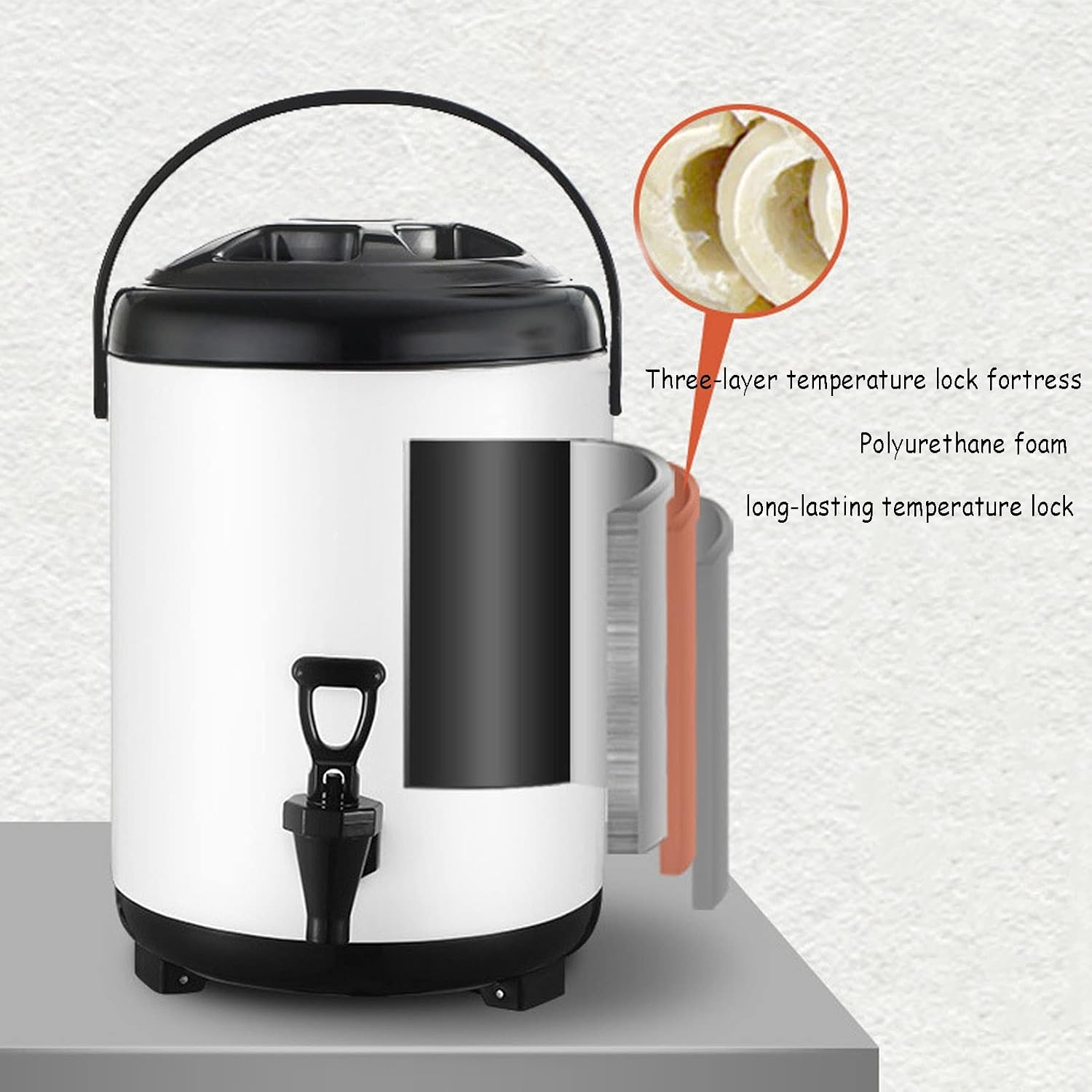 Milk Tea Bucket Insulated Barrel, 8L/10L/12L, Stainless Steel Hot & Cold Drinks Dispenser, Hot Water Kettle Dispenser with Faucet and Foldable Tripod, for Coffee, Tea, Water, Milk, etc (Yellow 8L)